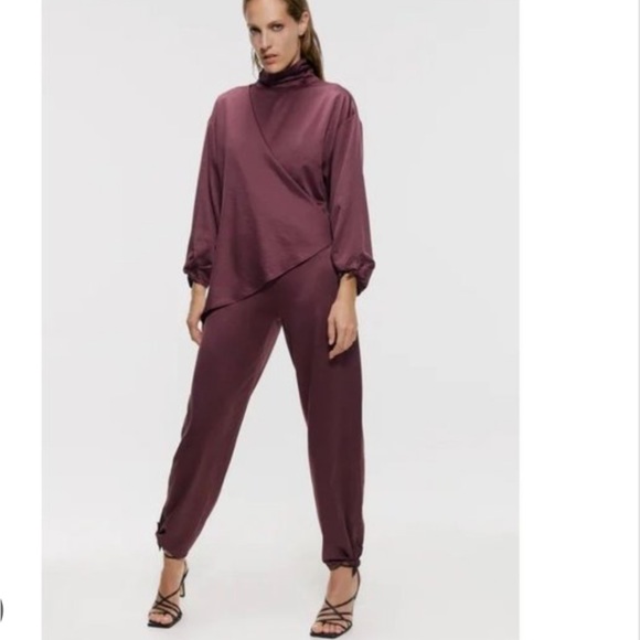 Zara Pants - Zara Limited Edition Satin Effect Pareo Jumpsuit Size small Burgundy